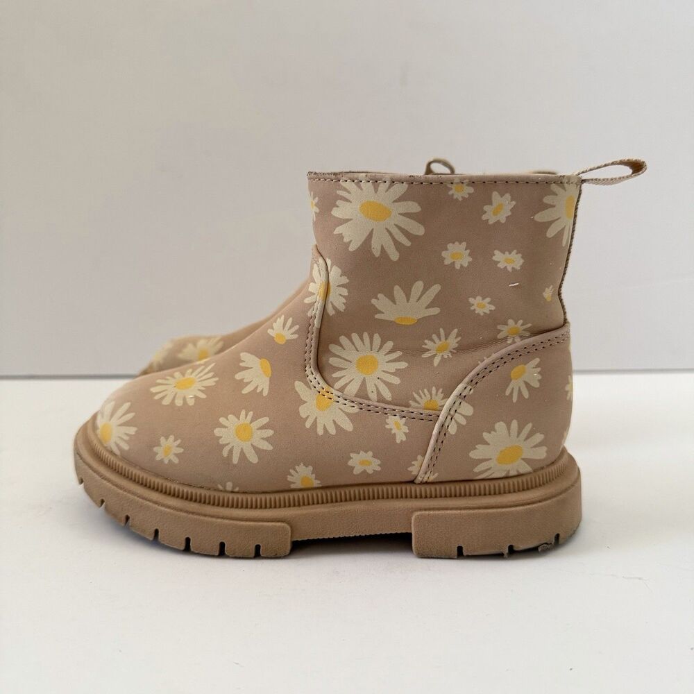 Cat & Jack Girls Size 8 Daisy Floral Ankle Boots Pink Tan Side Zip